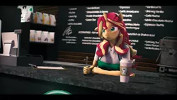 Size: 9600x5400 | Tagged: safe, artist:imafutureguitarhero, derpibooru import, sunset shimmer, anthro, unicorn, 3d, absurd resolution, apron, arm fluff, arm freckles, bag, barista, black bars, cafe, cash register, chalkboard, cheek fluff, chromatic aberration, clipboard, clothes, coffee, coffee cup, coffee machine, coffee shop, colored eyebrows, colored eyelashes, cup, cute, ear fluff, ear freckles, female, film grain, fluffy, freckles, fur, horn, iced latte with breast milk, image, iphone, jpeg, logo parody, long hair, long mane, meme, multicolored hair, multicolored mane, pen, pen behind ear, peppered bacon, phone, raised eyebrow, revamped anthros, revamped ponies, shimmerbetes, signature, smiling, solo, source filmmaker, starbucks, tap, wall of tags