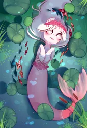 Size: 1300x1900 | Tagged: safe, alternate version, artist:nazori, derpibooru import, oc, unofficial characters only, fish, merpony, pony, alternate character, commission, featureless crotch, image, lilypad, lying down, on back, outdoors, png, pond, reed, solo, water, ych result