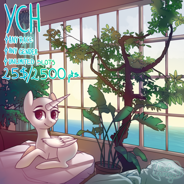 Size: 1000x1000 | Tagged: safe, artist:nazori, derpibooru import, oc, unofficial characters only, alicorn, pony, alicorn oc, bald, commission, female, horn, image, indoors, lying down, mare, png, prone, smiling, solo, tree, wings, your character here