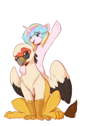 Size: 1353x1995 | Tagged: safe, artist:colorfulcolor233, artist:vistamage, derpibooru import, oc, oc:oofy colorful, oc:vistamage, unofficial characters only, gryphon, pony, unicorn, derpibooru community collaboration, 2022 community collab, couple, female, image, male, mare, oc x oc, oofymage, png, shipping, simple background, straight, transparent background