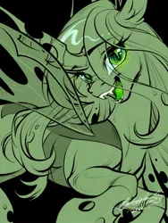Size: 1620x2160 | Tagged: safe, artist:paipaishuaige, derpibooru import, queen chrysalis, changeling, changeling queen, black background, fangs, female, glow, glowing eyes, glowing tongue, image, jpeg, looking at you, monochrome, open mouth, quadrupedal, simple background, slit pupils, smiling, tongue out