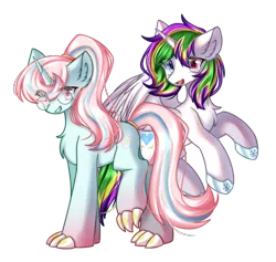 Size: 2350x2230 | Tagged: artist needed, safe, derpibooru import, oc, unofficial characters only, alicorn, dracony, dragon, hybrid, pony, derpibooru community collaboration, 2022 community collab, alicorn oc, dracony oc, duo, glasses, hoof shoes, horn, image, looking at you, multicolored eyes, png, simple background, transparent background, wings