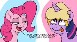 Size: 2589x1426 | Tagged: safe, artist:pony-thunder, derpibooru import, pinkie pie, twilight sparkle, comic, food, image, png, quesadilla, they're just so cheesy