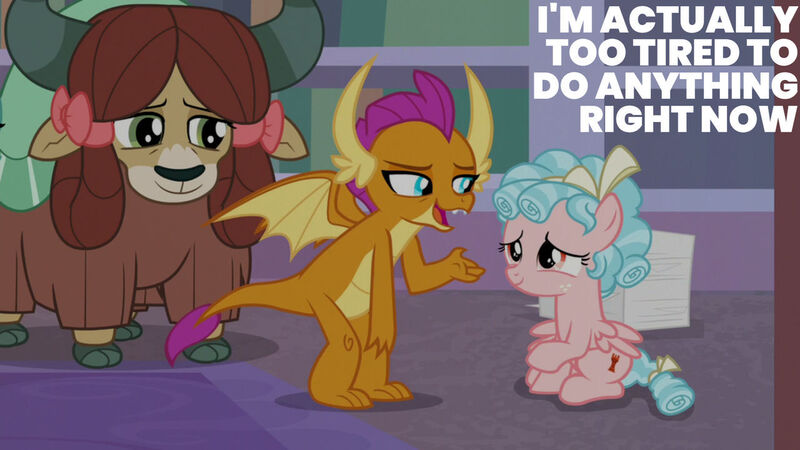 Size: 1280x720 | Tagged: safe, derpibooru import, edit, edited screencap, editor:quoterific, screencap, cozy glow, smolder, yona, dragon, pegasus, pony, yak, season 8, what lies beneath, spoiler:s08, female, filly, foal, image, jpeg, open mouth, open smile, smiling