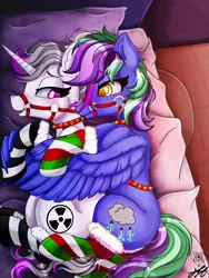 Size: 1500x2000 | Tagged: suggestive, artist:stainedglasslighthea, derpibooru import, oc, oc:hazel radiate, oc:lishka, unofficial characters only, pegasus, pony, unicorn, amber eyes, bed, bedroom eyes, blushing, bridle, christmas, clothes, commissioner:biohazard, cuddling, cuddling in bed, cute, ear fluff, eyebrows, eyebrows visible through hair, eyelashes, female, females only, harness, highlights, holiday, horn, hug, image, jpeg, laying on bed, lesbian, looking at each other, looking at someone, looking back, lying down, mare, on bed, open mouth, open smile, pegasus oc, pillow, ponytail, purple eyes, smiling, smiling at each other, socks, striped socks, tack, tail, two toned mane, two toned tail, unicorn oc, wall of tags, winghug, wings