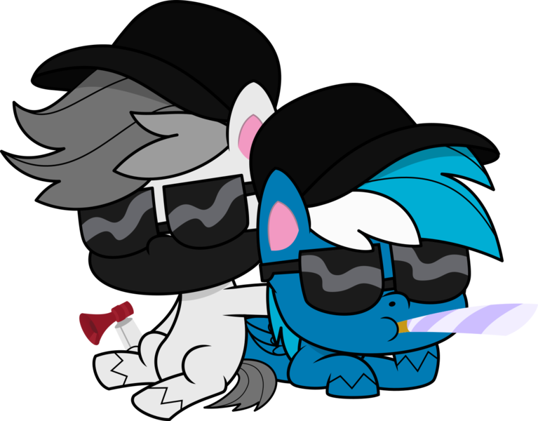 Size: 1476x1155 | Tagged: safe, artist:phancestorm, derpibooru import, oc, oc:losventronomous, oc:phancestorm, earth pony, pegasus, derpibooru community collaboration, my little pony: pony life, 2022 community collab, airhorn, black glasses, cap, hat, image, mask, noisemaker, png, ponysona, simple background, transparent background, vector