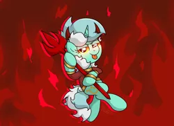 Size: 4561x3319 | Tagged: safe, artist:background basset, derpibooru import, lyra heartstrings, demon, demon pony, original species, abstract background, clothes, devil horns, fire, glow, glowing eyes, horns, image, pitchfork, png, solo, tongue out