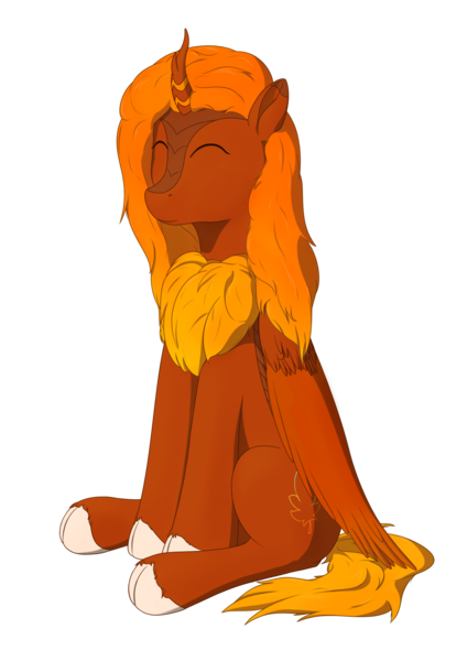 Size: 2480x3508 | Tagged: safe, artist:laykeen, derpibooru import, oc, oc:season leaf, classical hippogriff, hippogriff, hybrid, kirin, derpibooru community collaboration, 2022 community collab, autumn, derpibooru exclusive, eyes closed, gradient mane, image, leaf, png, simple background, simple shading, sitting, smiling, solo