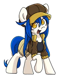 Size: 677x857 | Tagged: safe, artist:spheedc, derpibooru import, oc, oc:light chaser, earth pony, pony, derpibooru community collaboration, 2022 community collab, blue hair, clothes, digital art, female, hat, image, mare, png, simple background, solo, transparent background