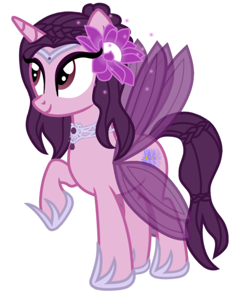 Size: 711x862 | Tagged: safe, derpibooru import, oc, oc:princess kyoko, unofficial characters only, original species, pony, derpibooru community collaboration, 2022 community collab, braid, eyelashes, eyeshadow, female, flower, flower in hair, full body, headdress, hoof shoes, horn, image, jewelry, looking away, makeup, mare, necklace, png, purple eyes, purple hair, raised hoof, regalia, royalty, show accurate, simple background, solo, standing, transparent background, wings