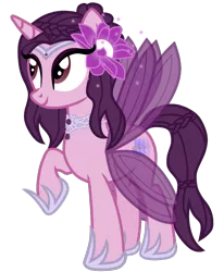 Size: 711x862 | Tagged: safe, derpibooru import, oc, oc:princess kyoko, unofficial characters only, original species, pony, derpibooru community collaboration, 2022 community collab, braid, eyelashes, eyeshadow, female, flower, flower in hair, full body, headdress, hoof shoes, horn, image, jewelry, looking away, makeup, mare, necklace, png, purple eyes, purple hair, raised hoof, regalia, royalty, show accurate, simple background, solo, standing, transparent background, wings
