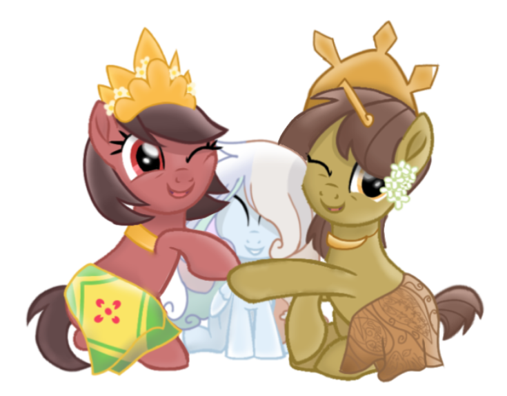 Size: 735x575 | Tagged: safe, artist:be_yourself, derpibooru import, oc, oc:altersmay earth, oc:nuning, oc:salasika, earth pony, pegasus, pony, derpibooru community collaboration, 2022 community collab, blinking, crown, derpibooru exclusive, female, filly, flower, flower in hair, foal, hug, image, indonesia, jewelry, looking at you, mare, nusaponycon, open mouth, planet ponies, png, regalia, simple background, sitting, smiling, transparent background, trio, trio female