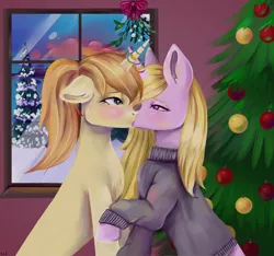 Size: 3200x3001 | Tagged: safe, artist:ske, derpibooru import, oc, unofficial characters only, pony, unicorn, christmas, christmas tree, female, fir, holiday, image, kissing, lesbian, mistletoe, oc x oc, png, shipping, tree, winter