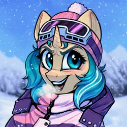 Size: 3000x3000 | Tagged: safe, artist:amishy, derpibooru import, oc, unofficial characters only, pony, unicorn, bust, clothes, cold, female, goggles, hat, image, jacket, jpeg, mare, open mouth, open smile, portrait, smiling, snow, solo, winter, winter hat, winter outfit