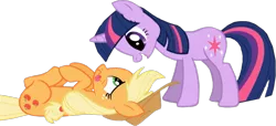 Size: 1247x570 | Tagged: safe, derpibooru import, edit, edited screencap, editor:twilyisbestpone, screencap, applejack, twilight sparkle, earth pony, pony, unicorn, applejack's hat, background removed, cowboy hat, female, hat, image, lying down, on back, png, silly, silly pony, tongue out, unicorn twilight, who's a silly pony