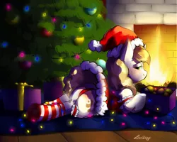 Size: 2500x2000 | Tagged: suggestive, artist:liverwurst, derpibooru import, sweet biscuit, christmas, christmas lights, christmas tree, clothes, dress, fireplace, hat, holiday, image, looking at you, looking back, looking back at you, lying down, off shoulder, panties, png, present, santa hat, skirt, socks, striped socks, tree, underwear, upskirt