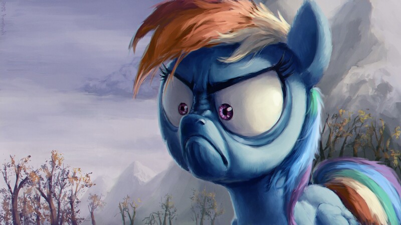 Size: 1920x1080 | Tagged: safe, artist:hunternif, derpibooru import, edit, rainbow dash, pegasus, pony, tanks for the memories, angry, detailed, do i look angry, faic, female, frown, furious, glare, grumpy, image, jpeg, mare, mountain, nose wrinkle, scene interpretation, solo, tree, wallpaper, wide eyes