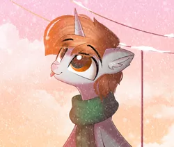 Size: 2060x1748 | Tagged: source needed, safe, artist:janelearts, derpibooru import, oc, oc:darkmind, unofficial characters only, pony, unicorn, blind, clothes, horn, image, male, png, scarf, simple background, snow, solo, stallion, tongue out