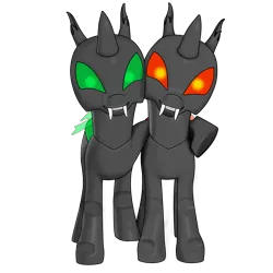 Size: 3840x3840 | Tagged: safe, artist:rumstone, artist:shifttgc, derpibooru import, oc, oc:rumstone, oc:shift changeling, unofficial characters only, changeling, changeling ears, changeling oc, collaboration, derpibooru exclusive, fangs, green changeling, green eyes, happy, horn, hug, image, krita, male, png, red changeling, red eyes, simple background, smiling, teeth, transparent background, wrong upload