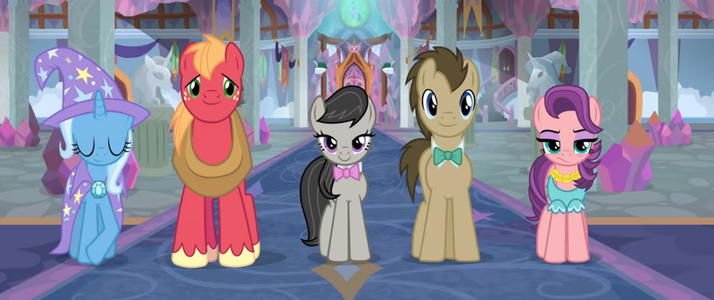 Size: 1872x786 | Tagged: safe, derpibooru import, edit, edited screencap, screencap, big macintosh, doctor whooves, octavia melody, spoiled rich, time turner, trixie, earth pony, pony, unicorn, a horse shoe-in, bowtie, bust, cape, carpet, clothes, column, door, female, foyer, hat, image, male, mare, panorama, png, school of friendship, stallion, trixie's cape, trixie's hat, yoke