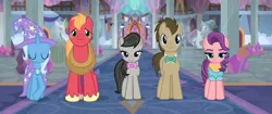 Size: 1872x786 | Tagged: safe, derpibooru import, edit, edited screencap, screencap, big macintosh, doctor whooves, octavia melody, spoiled rich, time turner, trixie, earth pony, pony, unicorn, a horse shoe-in, bowtie, bust, cape, carpet, clothes, column, door, female, foyer, hat, image, male, mare, panorama, png, school of friendship, stallion, trixie's cape, trixie's hat, yoke