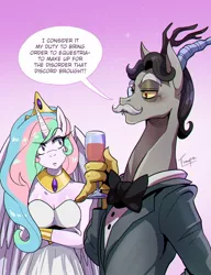 Size: 1000x1300 | Tagged: safe, artist:traupa, derpibooru import, idw, accord, princess celestia, alicorn, anthro, draconequus, accord (arc), breasts, clothes, facial hair, glass, image, jpeg, moustache, speech bubble, wine glass