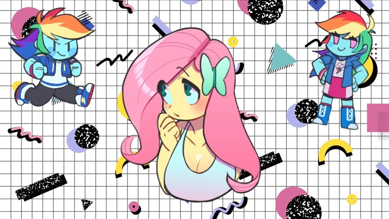 Size: 2047x1152 | Tagged: safe, artist:ikirunosindo, derpibooru import, fluttershy, rainbow dash, equestria girls, blush sticker, blushing, bust, butterfly hairpin, eye clipping through hair, eyebrows, eyebrows visible through hair, female, image, jpeg