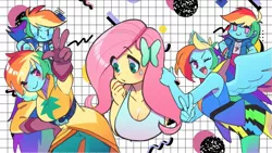 Size: 2047x1152 | Tagged: safe, artist:ikirunosindo, derpibooru import, fluttershy, rainbow dash, equestria girls, blush sticker, blushing, butterfly hairpin, eye clipping through hair, eyebrows, eyebrows visible through hair, female, image, jpeg, one eye closed, peace sign, spread wings, sweat, sweatdrop, wings