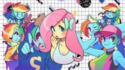 Size: 2047x1152 | Tagged: safe, artist:ikirunosindo, derpibooru import, fluttershy, rainbow dash, equestria girls, blush sticker, blushing, butterfly hairpin, cap, eye clipping through hair, eyebrows, eyebrows visible through hair, female, hat, image, jpeg, looking at you, one eye closed, open mouth, open smile, smiling