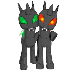 Size: 3840x3840 | Tagged: safe, artist:rumstone, artist:shifttgc, derpibooru import, oc, oc:rumstone, oc:shift changeling, unofficial characters only, changeling, derpibooru community collaboration, 2022 community collab, changeling ears, changeling oc, collaboration, derpibooru exclusive, fangs, green changeling, green eyes, happy, horn, hug, image, krita, male, png, red changeling, red eyes, simple background, smiling, teeth, transparent background, wrong upload