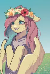 Size: 1378x2039 | Tagged: safe, artist:ikirunosindo, derpibooru import, fluttershy, pegasus, pony, clothes, crying, female, floral head wreath, flower, grass, image, jpeg, sky, solo