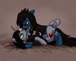 Size: 2587x2067 | Tagged: safe, artist:relisreal, derpibooru import, oc, ponified, ponified:kellin quinn, ponified:oliver sykes, earth pony, pony, undead, unicorn, zombie, zombie pony, bone, bring me the horizon, clothes, commission, disguise, disguised siren, duo, duo male, eye contact, fangs, gay, high res, horn, image, index get, long sleeves, looking at each other, looking at someone, lying down, male, on back, png, scar, shipping, shirt, sleeping with sirens, stallion, stitches, t-shirt, tattoo, ych result