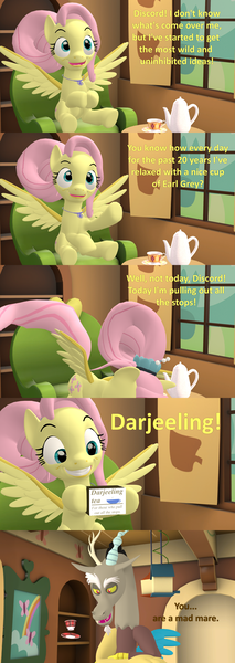 Size: 1920x5400 | Tagged: safe, artist:red4567, derpibooru import, discord, fluttershy, draconequus, pegasus, pony, 3d, comic, cup, food, image, jewelry, necklace, older, older fluttershy, png, source filmmaker, spread wings, tea, teacup, teapot, wide eyes, wings