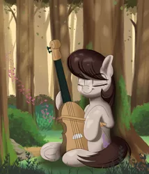 Size: 1280x1498 | Tagged: safe, artist:joaothejohn, derpibooru import, octavia melody, cute, eyes closed, forest, image, jpeg, music, musical instrument, music notes, plants, sitting, solo, tavibetes, tree