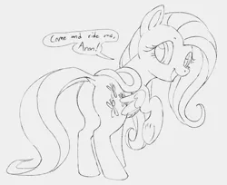 Size: 956x780 | Tagged: safe, artist:dotkwa, derpibooru import, fluttershy, pegasus, pony, butt, female, flutterbutt, grayscale, image, implied anon, looking at you, looking back, looking back at you, mare, monochrome, open mouth, open smile, png, rearing, saddle, sketch, smiling, solo, speech bubble, tack, underhoof