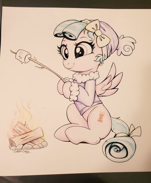Size: 841x1024 | Tagged: safe, artist:confetticakez, derpibooru import, cozy glow, pegasus, pony, cooking, fire, food, image, jpeg, marshmallow, roasting, simple background, solo, traditional art