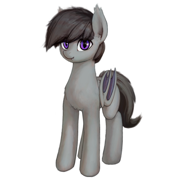 Size: 1758x1758 | Tagged: safe, artist:quvr, derpibooru import, oc, unofficial characters only, bat pony, pony, derpibooru community collaboration, 2022 community collab, bat ears, bat pony oc, bat wings, ear fluff, ear tufts, fangs, folded wings, full body, image, male, not octavia, png, purple eyes, simple background, smiling, solo, standing, three quarter view, transparent background, wings