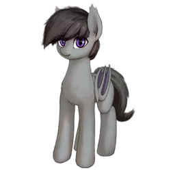 Size: 1758x1758 | Tagged: safe, artist:quvr, derpibooru import, oc, unofficial characters only, bat pony, pony, derpibooru community collaboration, 2022 community collab, bat ears, bat pony oc, bat wings, ear fluff, ear tufts, fangs, folded wings, full body, image, male, not octavia, png, purple eyes, simple background, smiling, solo, standing, three quarter view, transparent background, wings