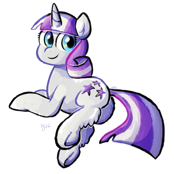 Size: 1024x1024 | Tagged: safe, artist:kukie, derpibooru import, twilight velvet, unicorn, blue eyes, butt, derpibooru exclusive, female, full body, hoof fluff, image, leg fluff, looking back, lying down, plot, png, prone, simple background, smiling, solo, tail, two toned mane, two toned tail, underhoof, white background