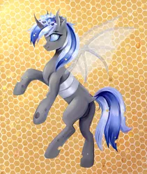 Size: 2701x3200 | Tagged: safe, artist:ske, derpibooru import, honeycomb, oc, unofficial characters only, bat pony, changeling, hybrid, original species, pony, food, honey, image, jewelry, png, solo, tiara