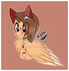 Size: 1280x1309 | Tagged: safe, artist:krypticquartz, derpibooru import, oc, unofficial characters only, pegasus, pony, blushing, brown background, bust, deviantart watermark, eye clipping through hair, eyebrows, eyebrows visible through hair, folded wings, image, jpeg, obtrusive watermark, outline, pegasus oc, portrait, simple background, solo, watermark, white outline, wing fluff, wings