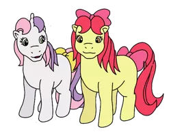 Size: 568x452 | Tagged: safe, artist:mattiedrawsponies, derpibooru import, apple bloom, sweetie belle, earth pony, pony, unicorn, adorabloom, apple bloom's bow, blank flank, bow, colored, cute, diasweetes, duo, female, filly, foal, g1, g4, g4 to g1, generation leap, hair bow, image, open mouth, open smile, png, simple background, smiling, tail, tail bow, transparent background, vector