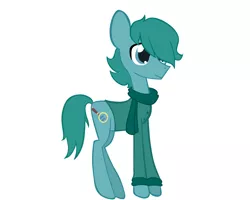 Size: 2000x1600 | Tagged: safe, artist:alandisc, derpibooru import, oc, oc:max crow, ponified, unofficial characters only, earth pony, pony, adult, alandisc, big eyes, blue eyes, blue hair, clothes, cutie mark, emo fringe, emo hair, green sweater, image, male, no pants, png, scarf, simple background, standing, sweater, thin