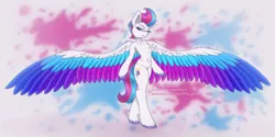 Size: 1500x750 | Tagged: safe, artist:shad0w-galaxy, derpibooru import, zipp storm, pegasus, pony, my little pony: a new generation, belly button, bipedal, female, g5, image, large wings, looking at you, mare, patreon, png, simple background, smiling, solo, spread wings, wings