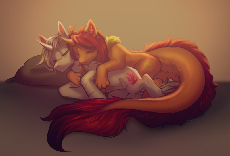 Size: 4000x2712 | Tagged: safe, artist:helemaranth, derpibooru import, oc, oc:polina, oc:yiazmat, dracony, dragon, hybrid, unicorn, couple, cuddling, female, horn, husband and wife, image, male, married couple, png, shipping, sleeping, snuggling, spooning, unicorn oc