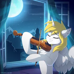 Size: 2106x2116 | Tagged: safe, artist:strafe blitz, derpibooru import, oc, oc:star nai, unofficial characters only, alicorn, pony, alicorn oc, horn, image, musical instrument, png, solo, wings