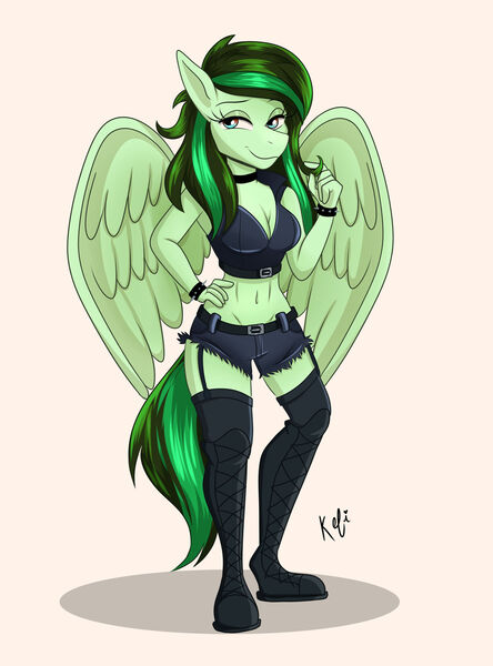 Size: 1280x1730 | Tagged: safe, artist:kefitani, derpibooru import, oc, oc:eden shallowleaf, unofficial characters only, anthro, pegasus, belly button, belt, boots, breasts, choker, cleavage, clothes, image, jpeg, midriff, pegasus oc, punk, shoes, smiling, solo, wings