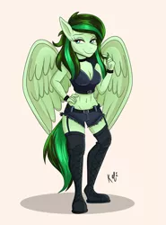 Size: 1280x1730 | Tagged: safe, artist:kefitani, derpibooru import, oc, oc:eden shallowleaf, unofficial characters only, anthro, pegasus, belly button, belt, boots, breasts, choker, cleavage, clothes, image, jpeg, midriff, pegasus oc, punk, shoes, smiling, solo, wings