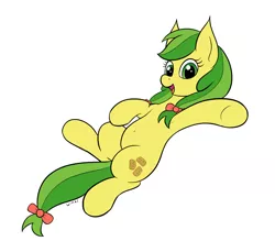 Size: 1937x1773 | Tagged: safe, artist:wapamario63, derpibooru import, apple fritter, earth pony, pony, apple family member, background pony, belly, belly button, bow, colored, cute, female, flat colors, hair bow, image, jpeg, looking at you, lying down, mare, on back, open mouth, open smile, simple background, smiling, smiling at you, solo, tail, tail bow, transparent background