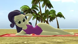 Size: 1920x1080 | Tagged: suggestive, artist:mr.uberrebu25, derpibooru import, rarity, equestria girls, 3d, beach, beach babe, beach towel, breasts, busty rarity, clothes, hand on head, image, one-piece swimsuit, png, purple swimsuit, solo, swimsuit, towel